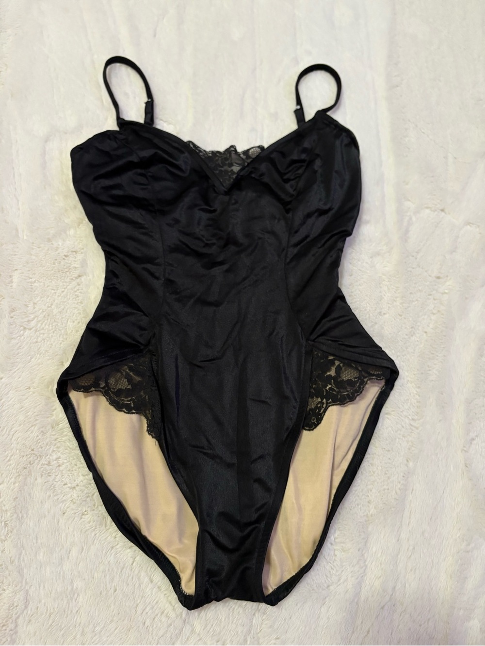 Nicole Wilson  Black One-Piece Swimsuit with Nude Lining and Lace Insets great s